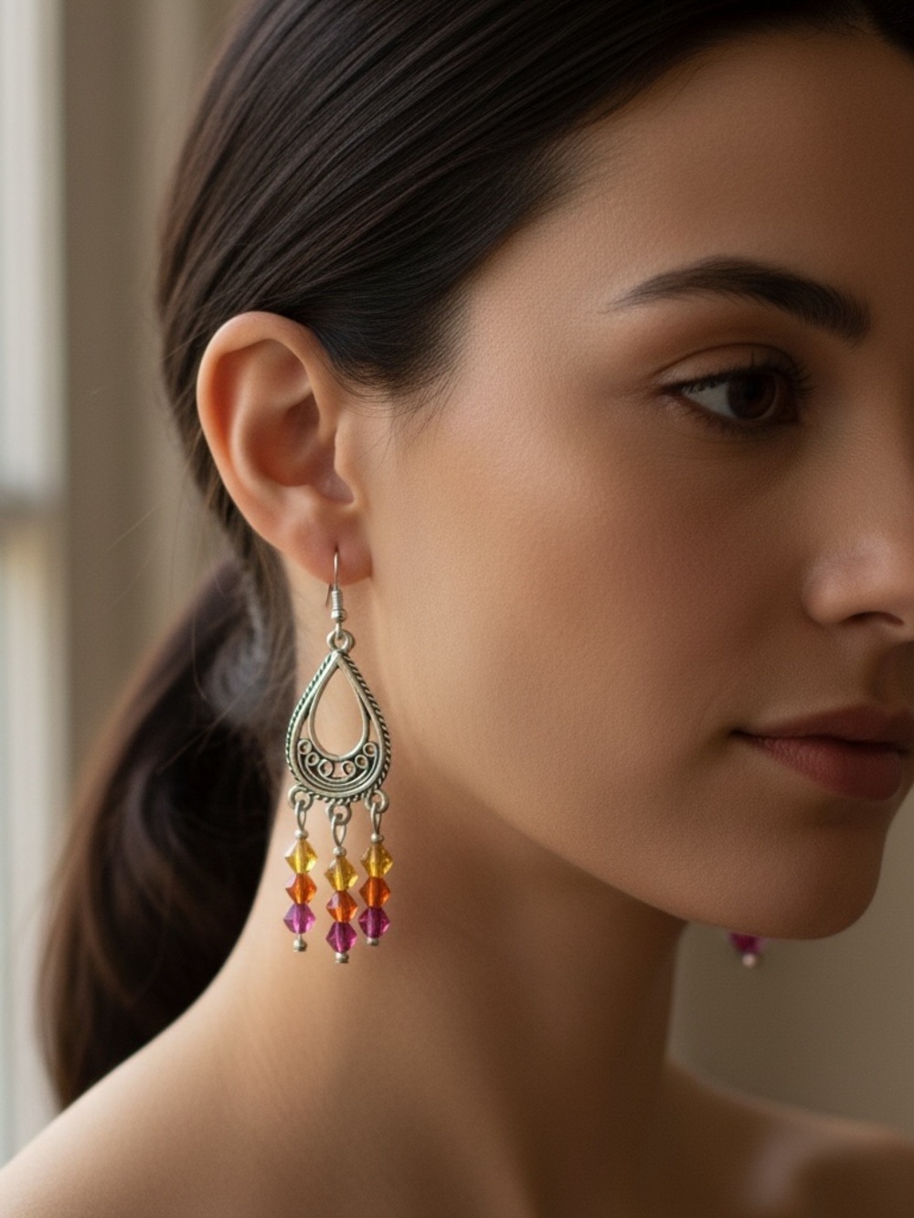 Palm Beach, Pink, Orange and Yellow Chandelier Earrings with Teardrop Design